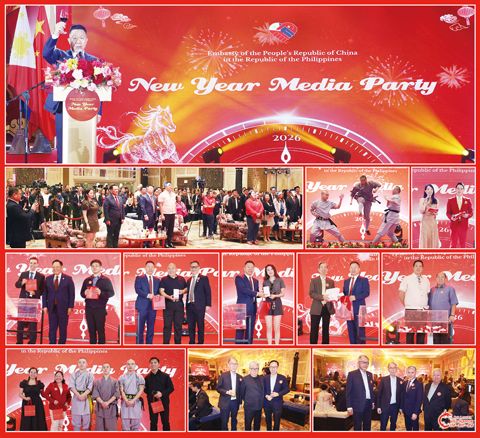 圖片說明：第一排大圖為井泉大使向全場祝面之影。下排中圖和右圖為本報社長于慶文和與會嘉賓的合影。餘圖為新年媒體沙龍活動現場盛況、功夫表演環節及使館和會者參與遊戲的互動環節。（本報記者Celia