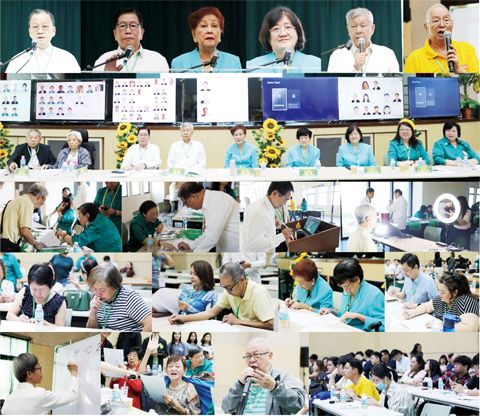 圖片說明:自左至右(第一排)秘書長施德錦,大會主席陳怡哲致開幕辭,副董事長李麗芬校友致辭,校長黃琬蓉博士致辭,副董事長施湧妙校友主持選舉秩序,陳安邦校友講解電腦選舉系統操作(第二排)選舉委員會成員施嘉驃、李淑敏、陳怡哲、施湧妙、李麗芬、梁淑美、黃琬蓉、蔡藝術、蔡美美(第三排)校友代表報到、登記、拍照、認證(第四、五排)選舉場面。