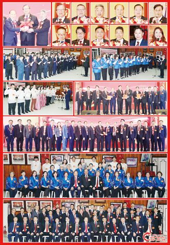 圖片說明：左上圖為張孚超（中）見證張孚志（右）和張傑欽（左）的交接儀式；右上兩排小圖左至右，上至下依次為張孚超、張昭和、張孚志、張傑欽、施偉廉、施清偉、施碧波、張年習、顏啟明、張懷義、張建謙和王惠真。第三排為新屆理事會及婦女組職員的宣誓就職儀式。第四排左圖為新屆青年組的宣誓就職儀式；右圖為致贈《慶典特刊》的環節。第五排為張顏同宗總會捐獻商總的儀式。第六排為張孚超、張孚志、張傑欽與新屆職員的合影。下排為全體新屆理事會職員的合影。（本報記者Celia