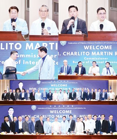 小圖左起本會理事長林榮輝致歡迎詞、稅務主任楊長江主持講座、副理事長兼稅務督導蔡榮衛介紹主講人、厘務局長Mendoza發表講話。