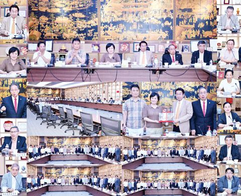 小圖左起本會理事長林榮輝致歡迎詞、梅州市僑聯副主席蔡宇文致詞、本會名譽理事長蔡聰妙博士、副理事長施梓雲、許學禹、陳炳清、董事兼稽核/農資主任潘振興及訪菲團代表相繼發表講話、本會秘書長顏長江博士主持座談、本會副秘書長陳光燦為一行介紹商總出席領導。