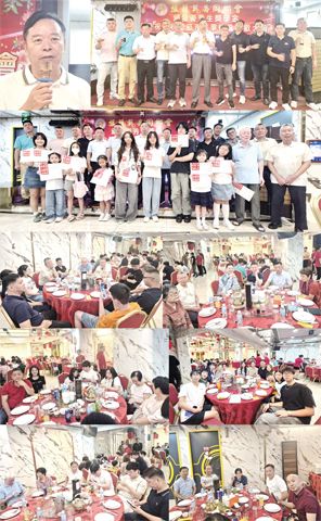 圖片說明：首排左圖為洪理事長天振鄉賢致詞之影；右圖為本會諸位領導上台敬酒之影，左起：洪副監事長天錫、洪副監事長清池、洪副理事長天排、洪副理事長維評、留執行副理事長成佳、洪理事長天振、洪名譽理事長文帛、洪副理事長佳明、洪副理事長肇伍、留副理事長奕源、洪副監事長維深。第二排圖片本會諸位領導頒發獎勵金與獎狀予本鄉優秀生並合影留念。第三、四、五排左右各圖分別為本會中秋聯歡現場之掠影。