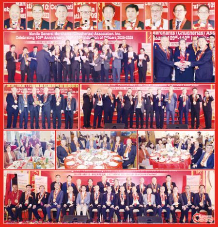 圖片說明：上排小圖左至右依次為莊金耀、黃華堂、吳繼苑、王明星、林榮輝、王明雄、王明仁、洪偉順和蔡維煌。第二排左圖為全體新屆職員的宣誓就職儀式；右圖為黃華堂（中）見證交接儀式。第三排左圖為致謝主講人莊金耀的儀式；右圖為祝酒環節。第四排左圖起施嘉驃伉儷與友人的合影；莊金耀和與會嘉賓的合影；施嘉驃伉儷與商總領導的合影。下排為全體新屆職員與嘉賓的合影。（本報記者Celia