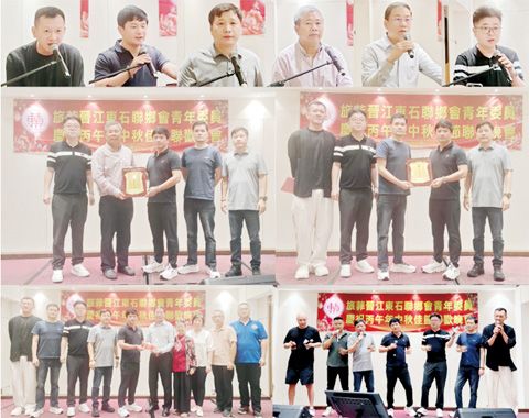 （圖片說明）上圖左起：黃文燉、周慈雲、蔡建庭、蔡尚切、黃端銘、蔡燦輝，中圖：致贈感謝狀儀式，下圖左起：移交贊助款儀式、敬酒儀式。