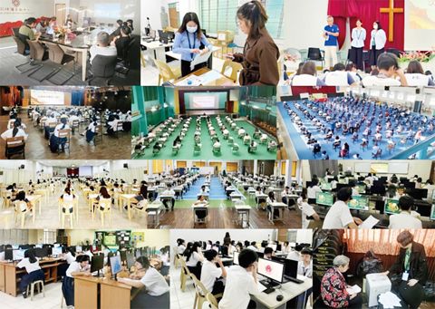 （圖片說明）第一排左起：考務會議、拆封試卷、宣讀紀律，第二排左起：僑中總校HSK考場、僑中分校HSK考場、育仁HSK考場，第三排左起：丹轆信心HSK考場、亞虞山培青HSK考場、僑中總校HSKK考場，第四排左起：僑中分校HSKK考場、育仁HSKK考場、銷毀試卷。