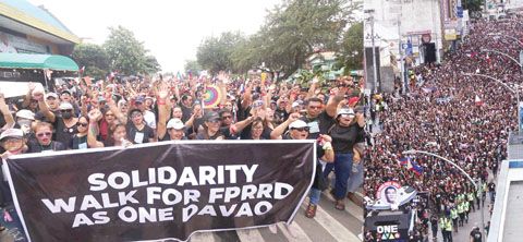 3月16日,前總統杜特地的支持者在納卯市舉行團結步行活動,要求釋放他。