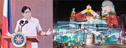 左圖為小馬科斯總統2月13日在悅華酒店主持馬尼拉市岷倫洛華人區復興計畫第二期導覽活動並發表講話。右圖為色彩繽紛的燈光秀在農曆新年慶典前夕點亮了岷倫洛。（本報記者蔡友銘、Celia