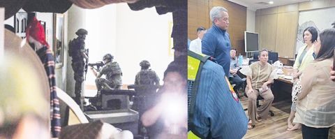 左圖為身穿防彈背心、攜帶長槍的武裝人員於週三晚上出現在參議院大樓內,此前參議院警衛辦公室實施了封鎖。據報道,大樓內還傳出多聲槍響,參議員羅納德·「石頭」·黎拉羅沙因國際刑事法院發出逮捕令而在此尋求庇護。右圖為內政部長黎慕惹在週三晚間槍擊事件後與數名參議員會面。