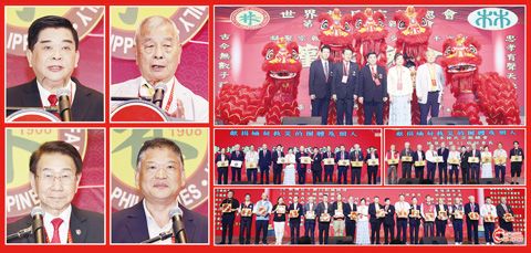 圖片說明:左排兩列小圖左至右,上至下依次為林國端、林忠男、林榮輝和馬俊渠。右上大圖為林國端(中)、林榮輝(右二)與海外林氏宗親在醒獅前的合影。右中排兩圖為捐獻緬甸救災的團體及個人的儀式。下排為致謝遠道而來的海外林氏宗親領導的儀式。 (本報記者Celia