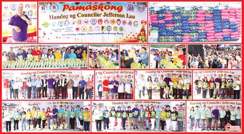 圖片說明：左上圖為馬尼拉市議員劉少強，右上圖為現場派發的一部分白米。餘圖為派米現場的情況和籌辦方與捐獻方的合影。（本報記者Celia