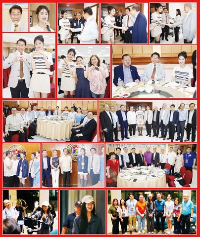 圖片說明:右上兩小圖左至右依次為林榮輝、張穎菲。第一排餘圖為張穎菲與商總領導見面交流。第二排左圖為林榮輝與張穎菲的合影;右圖為施偉廉、林榮輝和張穎菲的合影。第三排為商總領導與張穎菲在宴席期間的合影;右圖為商總領導熱烈歡迎張穎菲並與其合影。第四排左圖和中圖為張穎菲與商總領導一同拜訪馬尼拉市長Francisco